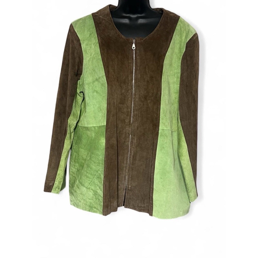 Y2K Suede Leather Jacket 2X Plus Size Colorblock Green Brown